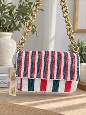 Handcrafted in India Red, Teal & White Beaded Shoulder Bag